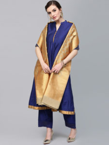 AKS Beige & Golden Silk Woven Design Dupatta