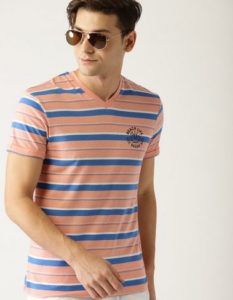 ESPRIT Men Peach colored & blue striped V Neck Tshirt