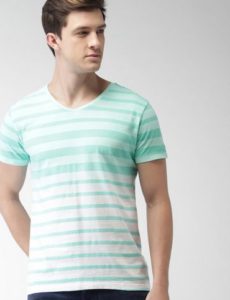 Mast & Harbour Men Sea Green & White Striped T-Shirt