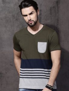Roadster Men Olive Green & Grey Colorblocked V Neck T-shirt