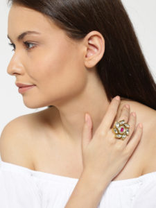FIROZA Pink Gold-Plated Kundan Stone-Studded Ring
